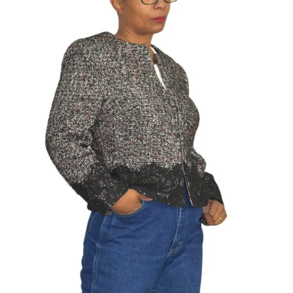 Karen Millen Tweed Jacket Lace Trim Suit Blazer Black Classic Textured Size 10 - Picture 10 of 15